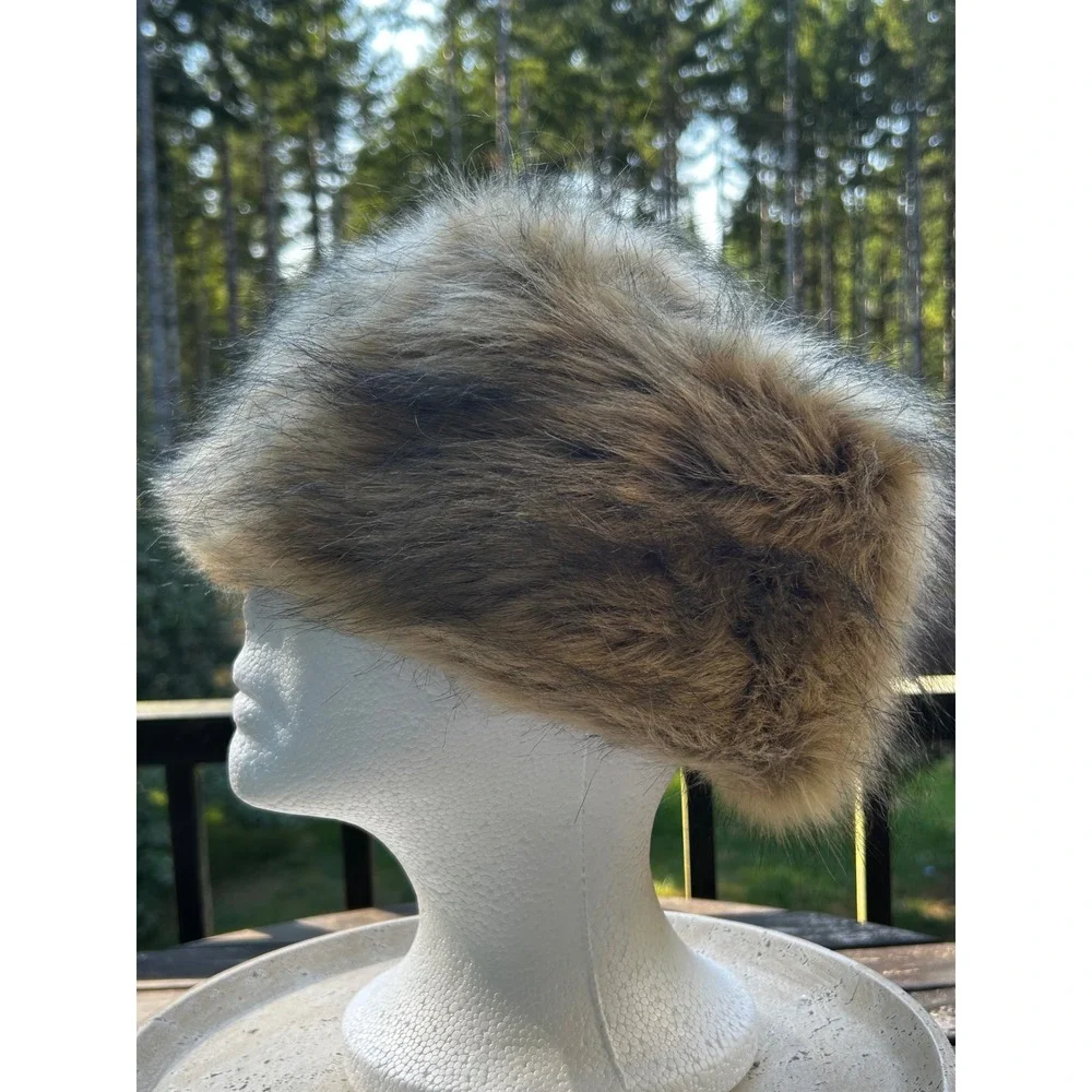 Brown Faux Fur Pillbox Hat Women's Winter Cossack Russian Style Cap 23 Inch